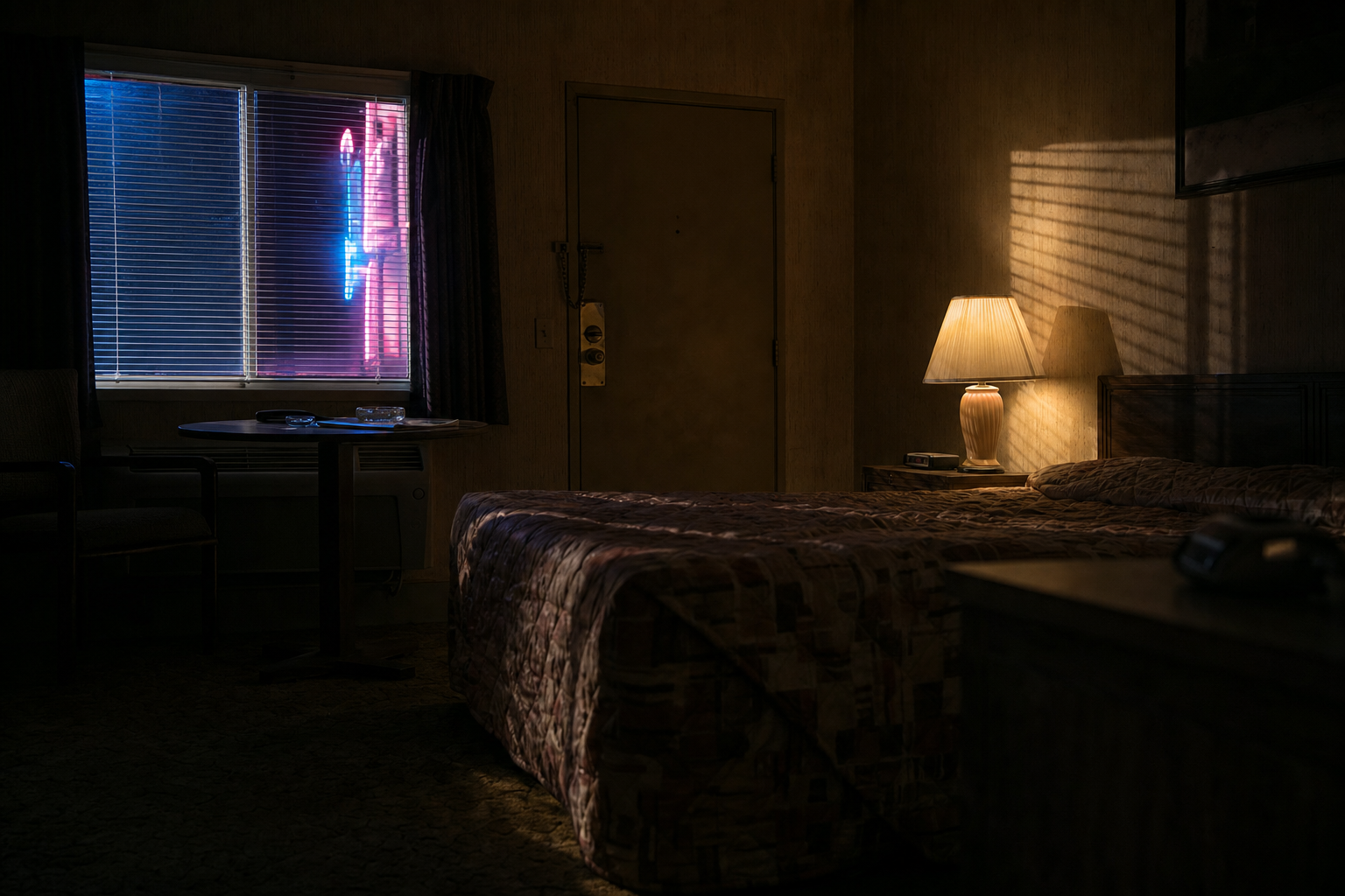 Dim motel room at night